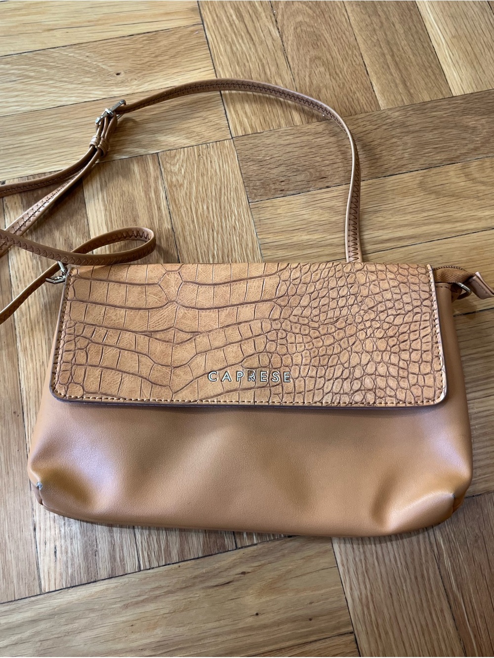Tan Croc-Embossed Flap Crossbody Bag